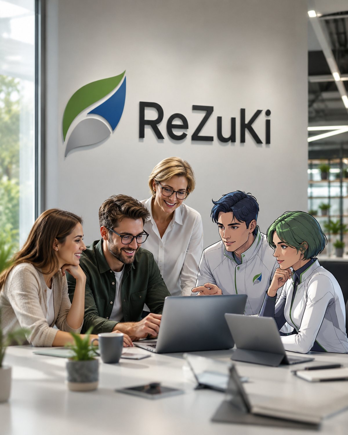 Ein Team im Gespräch an einem Arbeitsplatz vor dem ReZuKi-Logo